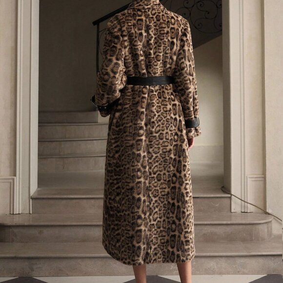 Khaki Casual Women's Leopard Print Faux Fur Patchwork Trench Coat - Picture 3 of 9